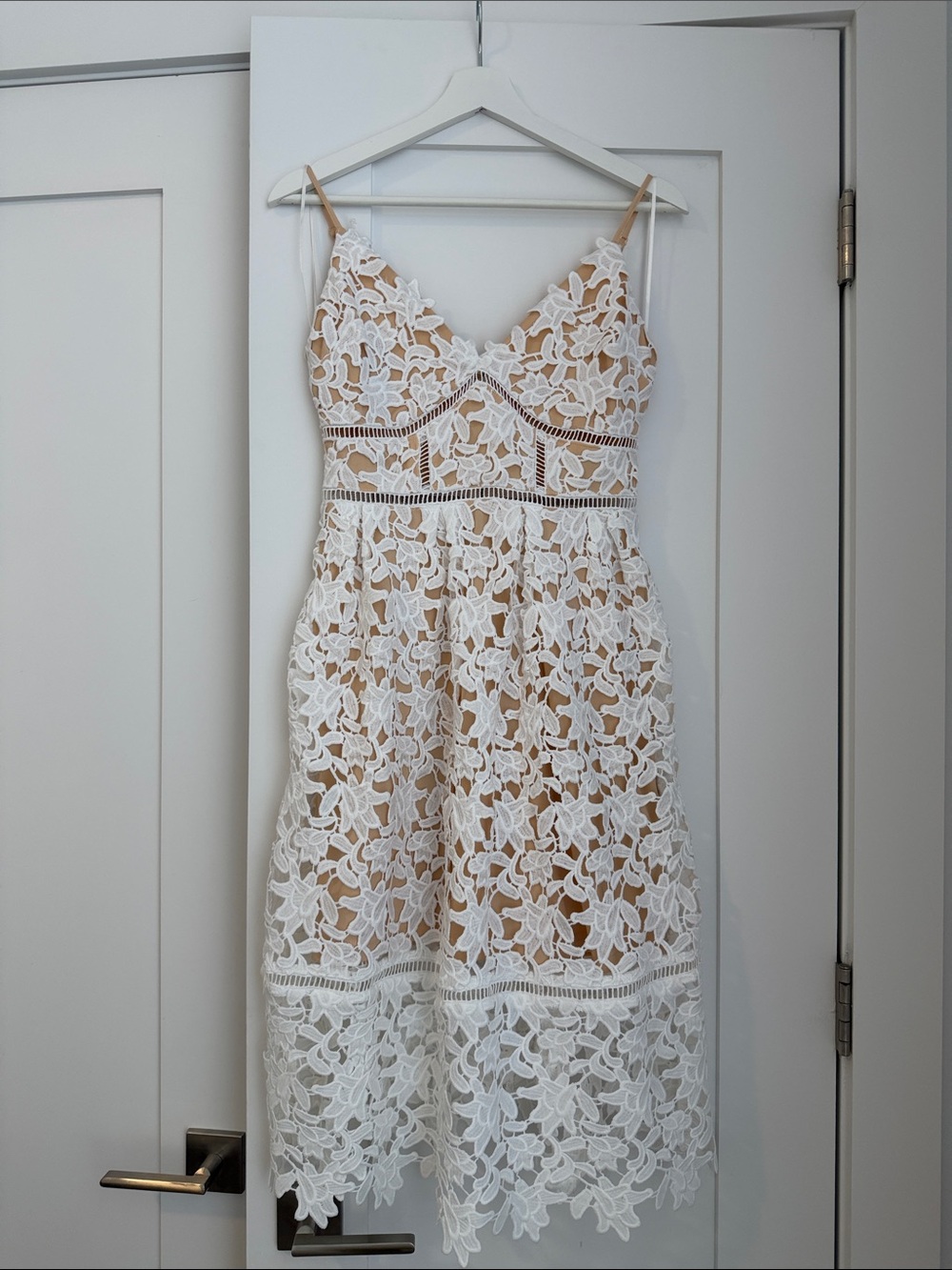 Guess White Floral Lace Midi Dress with Nude Lining